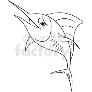Black and white clipart image of a marlin fish with detailed features such as a long bill, dorsal fin, and pectoral fins.