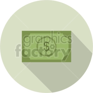Clipart image of a green dollar bill with a dollar sign in a circle, set against a light green circular background with a long shadow.