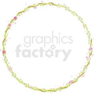 A circular floral wreath clipart with green leaves and pink flowers, perfect for decorative frames.