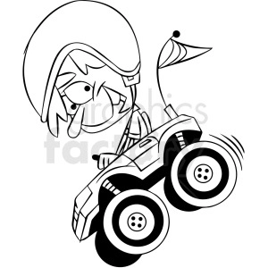 The clipart image depicts a black and white cartoon-style monster truck with large wheels and a menacing appearance. The truck is being driven by a character who appears to be a guy driver, with his hands on the steering wheel. The driver has a determined expression on his face as he navigates the vehicle.

