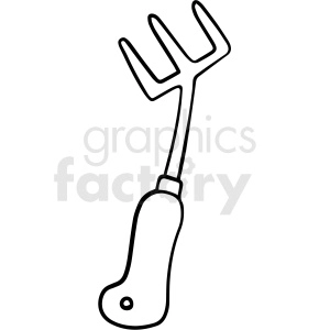 A simple black and white clipart image of a gardening hand fork.