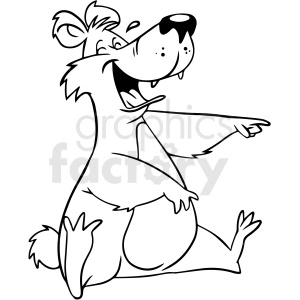 The clipart image shows a cartoon-style drawing of a laughing bear. The bear is seated, leaning back slightly, with one paw extended as if pointing, and the other paw raised in a relaxed position. The bear's mouth is open wide showcasing a big laugh, and its eyes are closed, enhancing the expression of amusement.
