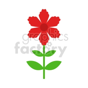 A red flower with 6 petals, a green stem and 2 levels of 2 leaves. 