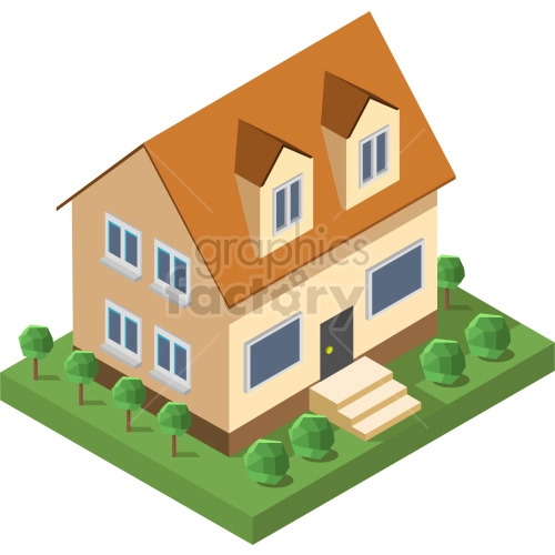 An isometric clipart image of a two-story house with a brown roof, multiple windows, and a small yard with trees and shrubs.