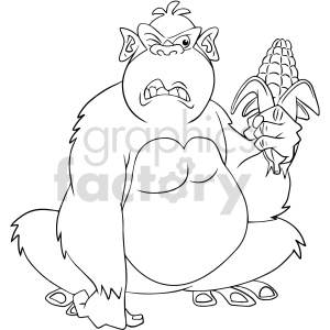 A black and white clipart image of an angry gorilla holding corn on the cob while crouching.