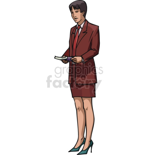 An illustrated image of a professional woman standing and holding papers. She is dressed in a red business suit with a skirt, a white shirt, and teal high heels.