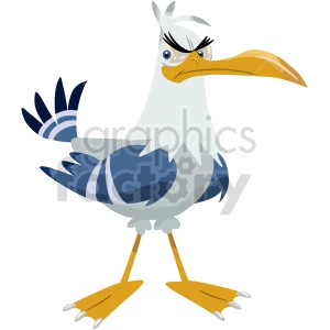 A clipart image of a cartoon seagull looking grumpy and serious with a large yellow beak, blue and white feathers, and webbed feet.