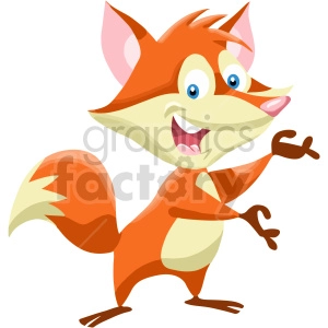 The clipart image depicts a cartoon fox. The fox is standing on two legs and has a large fluffy tail, often characteristic of foxes. It has a happy expression, with a wide smile and one arm outstretched as if it is waving or greeting someone.