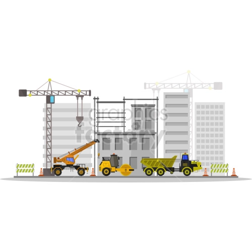 Clipart image showing a construction site with buildings under construction, cranes, construction vehicles such as a crane, roller, and dump truck, as well as road barriers and construction cones.