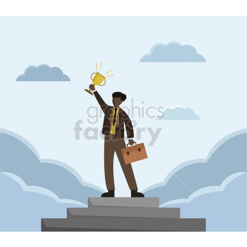 Clipart image of a businessperson standing on top of a set of stairs, holding a trophy and a briefcase, symbolizing success and achievement, with clouds in the background.