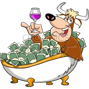 The clipart image depicts a cartoon bull relaxing in a bathtub filled with money. The bull appears to be wealthy and is enjoying a luxurious bath.
