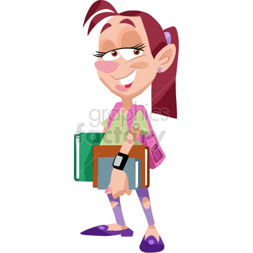 The clipart image depicts a cartoon female nerd. She is smiling and appears to be holding a book or binder. The image shows a young woman who is likely enthusiastic about academic pursuits or intellectual interests, often referred to as a 