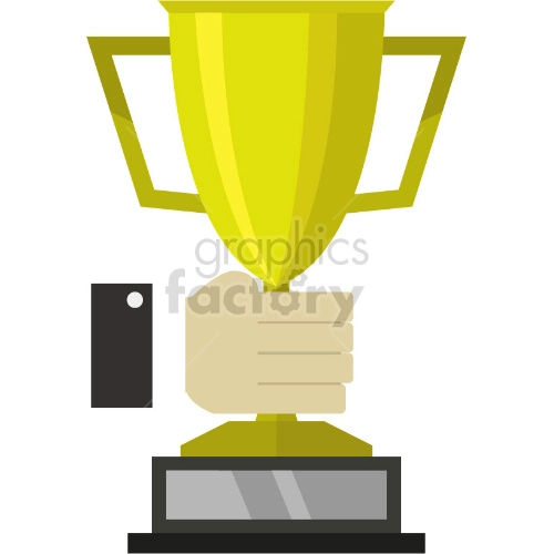 A clipart image of a hand holding a golden trophy with two handles and a black base.