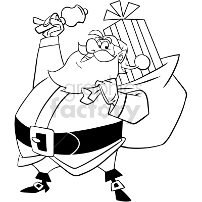 black white cartoon santa with large gift bag vector clipart