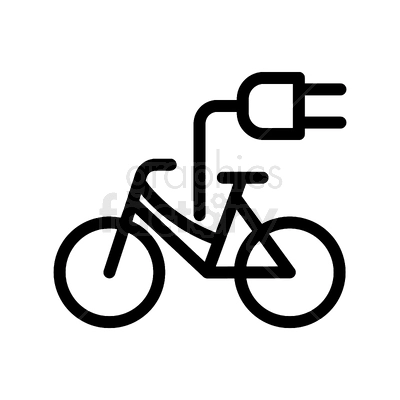 Clipart of a black and white electric bicycle with a plug icon.