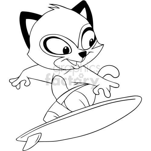 black and white cartoon cat surfing clipart