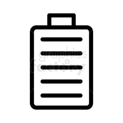 A simplistic black and white clipart image of a battery, with lines representing the level of charge being at 100%