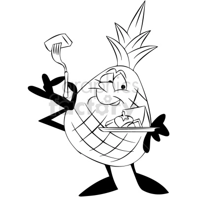 A cartoon-style illustration of a smiling anthropomorphic pineapple holding a fork and a plate with a meal.