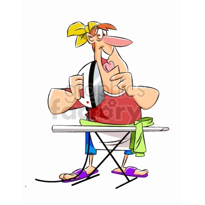 The clipart image shows a cartoon man who appears to be a stay-at-home dad, ironing what seems to be laundry. He is standing in front of an ironing board and holding a hot iron in his right hand while using his left hand to hold the fabric in place. The man is wearing casual clothing consisting of a t-shirt, shorts, and sandals.
