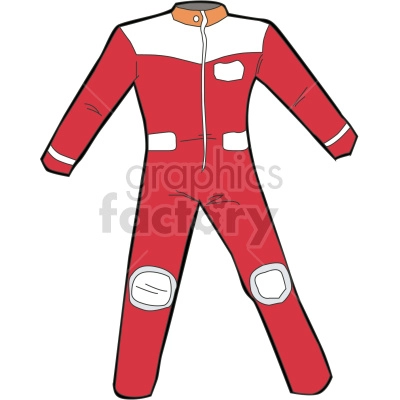 The clipart image depicts a red and white racing suit. It is a one-piece garment that appears to be designed for use in motorsports, with details such as white stripes on the sleeves, white patches on the knees, and a belt at the waist.