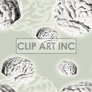 Clipart image depicting multiple illustrations of human brains floating against a light green background.