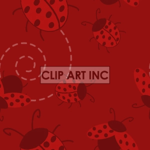 This clipart image features a pattern of red ladybugs with black spots on a red background. The ladybugs appear to be in various positions, and one is following a dashed spiral line.