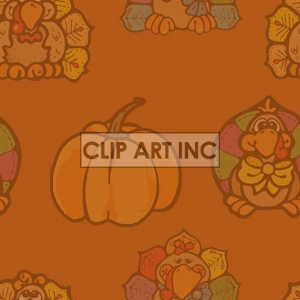This clipart image features a seamless pattern with illustrations of Thanksgiving-themed items, including a pumpkin in the center and cartoon-like turkeys adorned with autumn-colored feathers and accessories, set against a brownish-orange background.