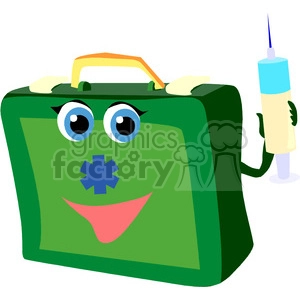 A cute green medical first aid kit character with big eyes, a smiling mouth, and a blue medical cross on its face, holding a syringe in one hand.