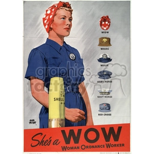 A vintage poster featuring a woman wearing a blue uniform with a red polka dot headscarf and holding a 75mm shell, representing a Woman Ordnance Worker (WOW) during WWII. The poster is titled 'She's a WOW' and includes badges for other roles: WAAC, WAVE, Army Nurse, Navy Nurse, and Red Cross.