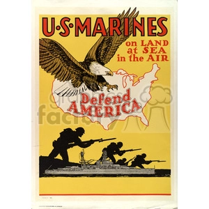 Vintage U.S. Marines recruitment poster featuring an eagle, map of the United States, and soldiers in action, encouraging people to defend America on land, at sea, and in the air.