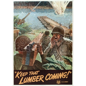 Clipart image of U.S. Army soldiers constructing a bridge across a river during World War II, with one soldier carrying a large wooden beam and another shouting instructions. The background shows an explosion in the water.