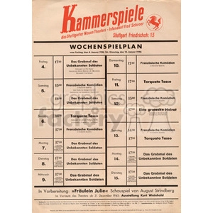 Clipart image of a theatre schedule from Kammerspiele, featuring show times and titles such as 'Das Grabmal des Unbekannten Soldaten,' 'Franzsische Komdien,' 'Torquato Tasso,' and others, for the week of January 4 to January 15.