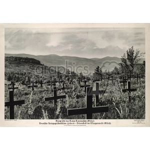 A black and white image showing a military cemetery filled with crosses marking the graves. The setting is a serene, natural landscape with mountains in the background and scattered trees among the graves.