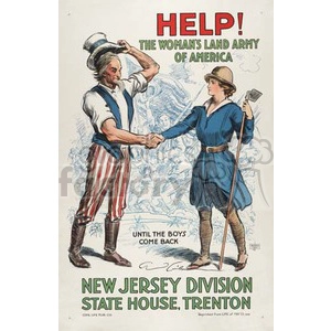 A vintage poster featuring Uncle Sam shaking hands with a female farmer holding a hoe. The text reads 'HELP! The Woman's Land Army of America - Until the Boys Come Back' and indicates the New Jersey Division at the State House, Trenton.
