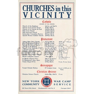 A vintage flyer titled 'Churches in this Vicinity' listing places of worship for Catholic, Protestant, Synagogue, and Christian Science congregations in New York. The flyer is organized with addresses and service times for each church.