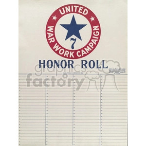This clipart image features a blank 'Honor Roll' poster for the United War Work Campaign, with a large blue star and the number 7 at the top, surrounded by red and blue text. The lower section contains multiple rows for listing names or other entries.
