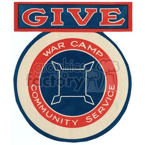 Clipart image featuring a circular emblem with the text 'War Camp Community Service' and a bold 'GIVE' at the top.