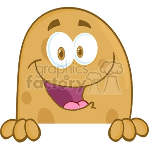 A cartoon potato character with large, expressive eyes and a big smile, peeking over a white surface.