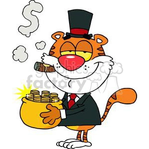 Cartoon tiger holding a pot of gold