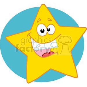 This is a clipart image of a cheerful, smiling yellow star with cartoonish features, including big eyes, a wide grin, and a sticking out tongue. The star is set against a blue circular background.