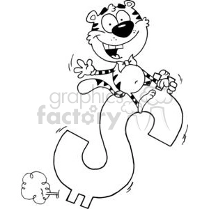 A playful cartoon tiger character happily rides on a large $, creating a fun and dynamic scene. The illustration is black and white, highlighting the joy and energy of the character.