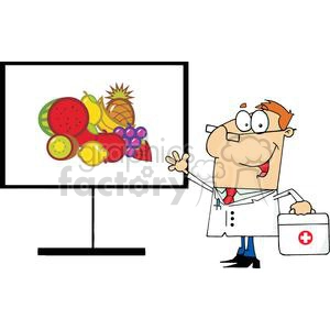 A clipart image featuring a cartoon doctor in a white coat with a red tie, holding a briefcase with a red cross symbol. The doctor is pointing to a projection screen displaying various fruits including a watermelon, pineapple, banana, grapes, lemon, kiwi, and strawberry.