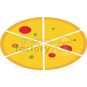 Clipart image of a pizza cut into six slices, with toppings including red and green circles.