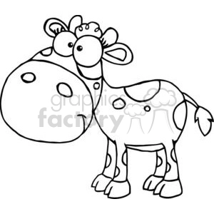 The image is a black and white line drawing of a comical cartoon cow, typically found in children's coloring books or as clipart. The cow has a large head with a friendly expression, oversized eyes, and a tuft of hair on top. Its body has several spots, and it stands on all four legs with a tiny tail flicking out the back.