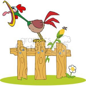 A colorful cartoon rooster crowing while perched on a wooden fence. The scene includes a corn stalk and a white flower with a yellow center growing nearby.