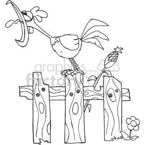 A cartoon clipart image of a rooster perched on a wooden fence, with a plant and a flower at the base of the fence.
