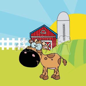 This clipart image features a comical depiction of a cow with a large head, big eyes, and a funny expression standing in front of a traditional farm scene. The background includes a red barn, a white fence, a silo, and rolling green hills under a blue sky.