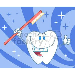The image is a cartoon clipart depicting a stylized anthropomorphic tooth with human-like features, such as eyes, mouth, and hands. The tooth has a big smile, showing a set of miniature teeth, and it's holding a toothbrush with its right hand, which it has raised above its head. Its left hand is giving a thumbs-up sign. The background is a gradient of blue with star shapes, suggesting a clean and bright environment.