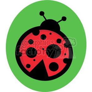 Colorful ladybug clipart with a red body, black spots, and black antennae, set against a green oval background.