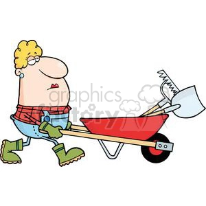 A cartoon character pushing a red wheelbarrow filled with gardening tools such as a shovel and a saw. The character is wearing green gloves and boots, a red plaid shirt, and blue overalls.